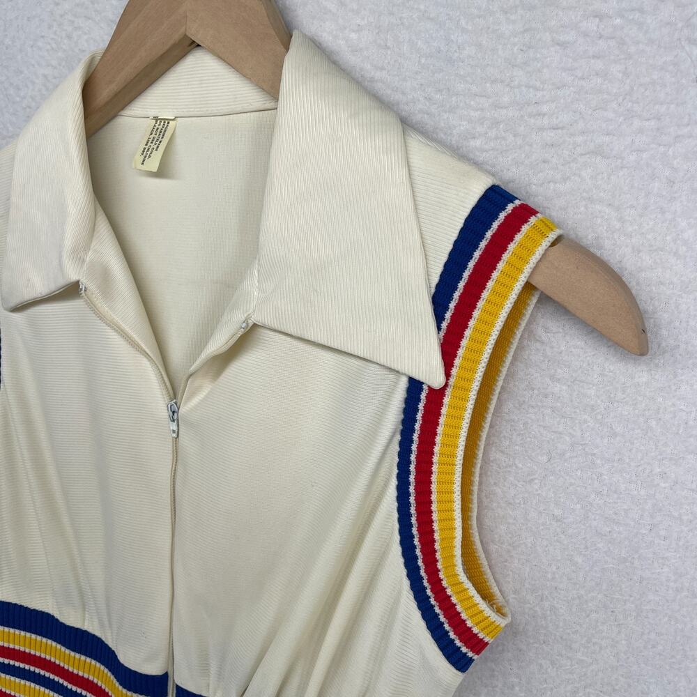 VINTAGE TENNIS DRESS S Style Fit and Flare Sleeveless Rib Striped Zip Up Ivory - Picture 2 of 10